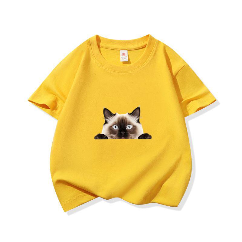 Kids Cotton T Shirt Peeking Siamese Cat Pattern Print Crew Neck Short Sleeve Tee Casual Breathable Boys Girls Summer Tops