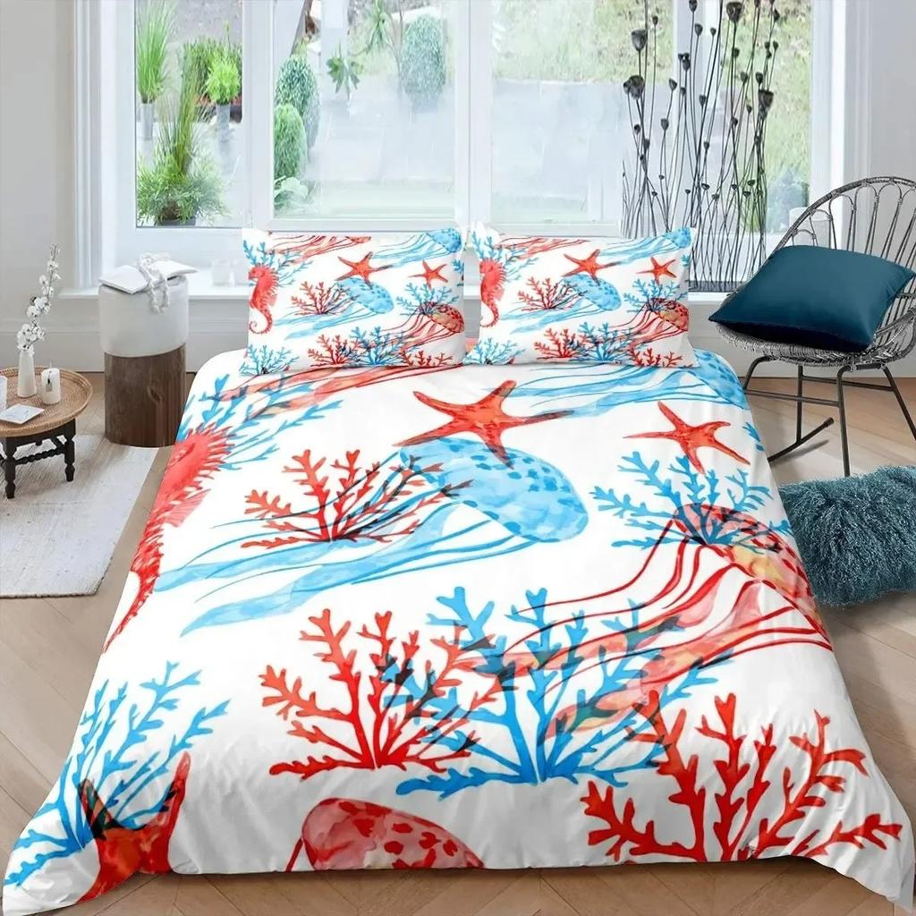Luxury New 3D Print Beach Starfish Duvet Cover Set Queen Blue Cute Ocean Creatures Bedding Set Sea Shells Starfish Cover
