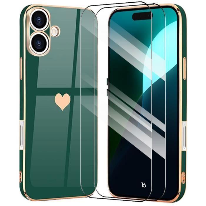 Coque de protection - BOOLING - pour iPhone 16 - Antichoc en Silicone Liquide - Vert Nuit - Cœur Doré