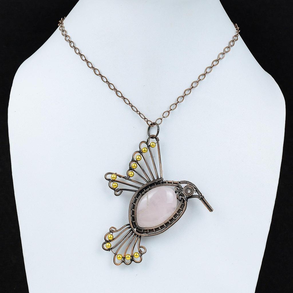 Кулон из розового кварца, кулон, обернутый медной проволокой, кулон с драгоценным камнем, кулон в виде птицы, украшения из розового кварца, женский кулон, подарок для него, медные украшения ручной работы