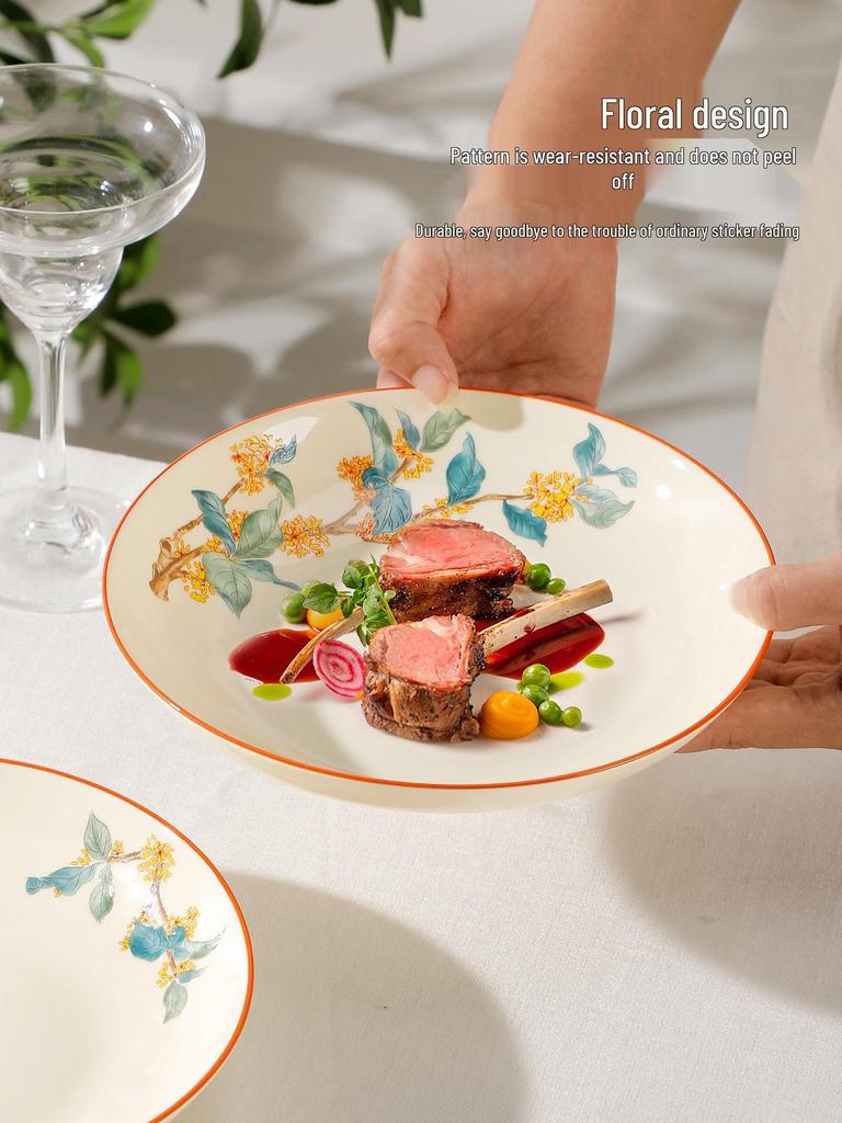 Керамическая обеденная тарелка «Золотая осень и османтус» - Глубокая суповая и круглая тарелка в китайском стиле Коллекция 2025