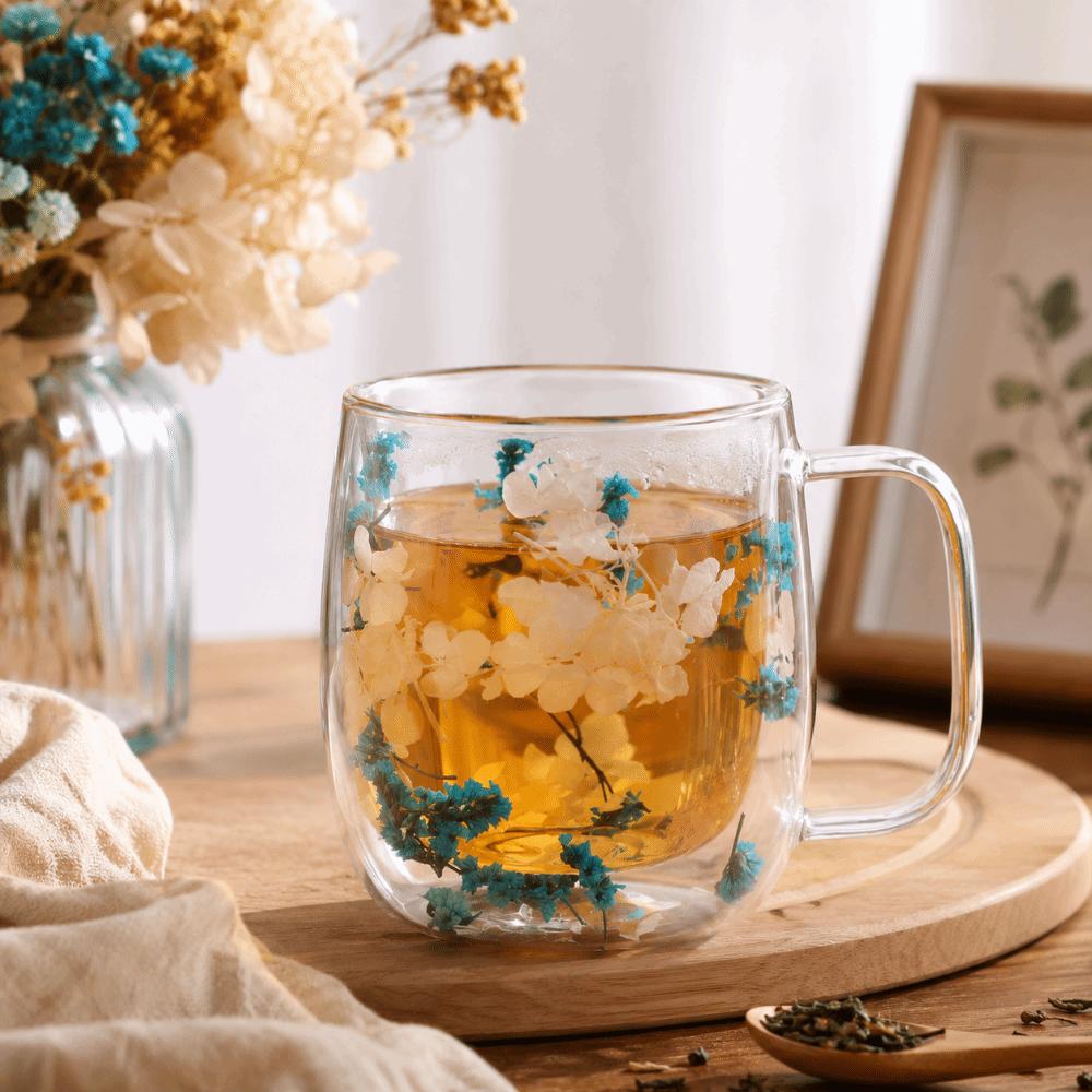 Flower Pattern Dried Flower Glass Cup 250/390ML Double Wall Mug Clear Glass Cup Home Use