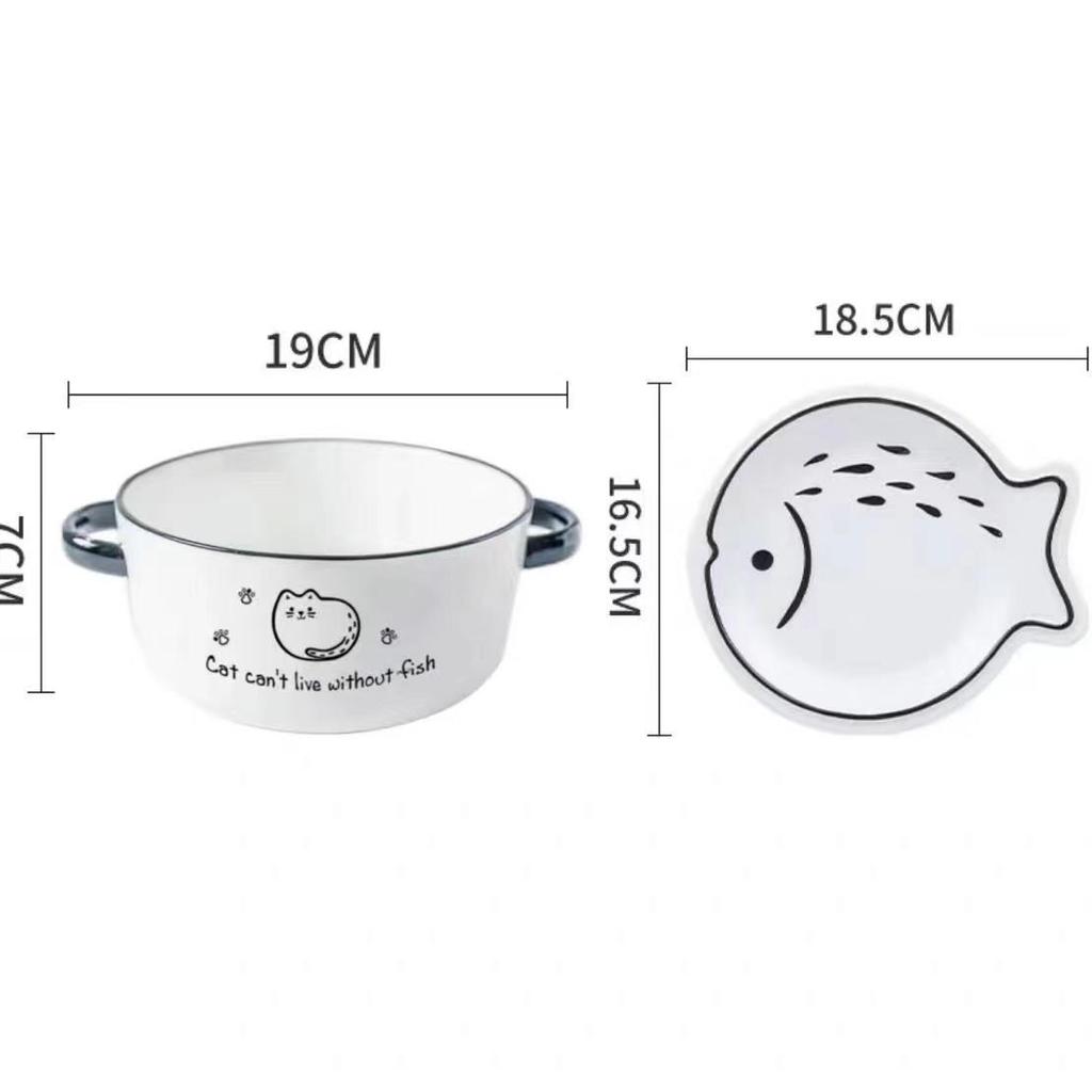 Nordic Simple Ceramic Bowl Cartoon Household Trumpet Personality Bubble Noodle Bowl with Lid Double Ear Soup Fresh-keeping Bowl