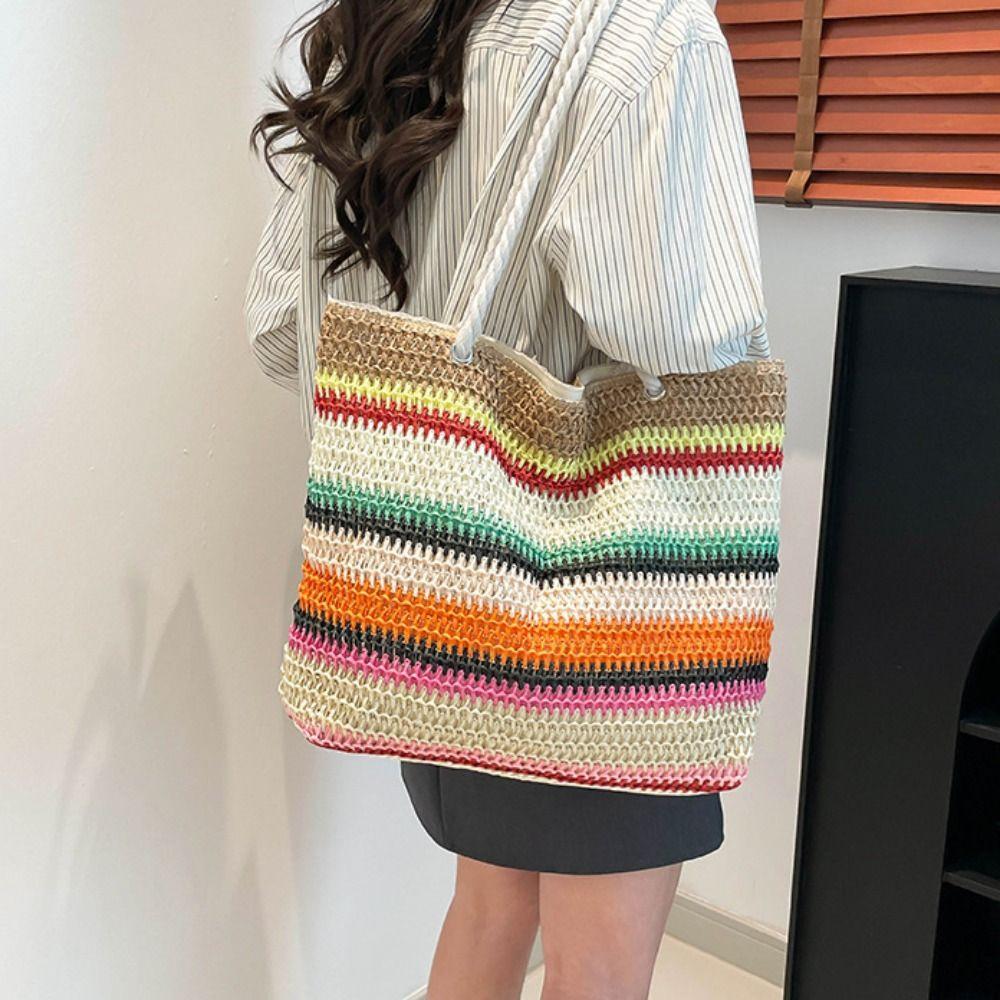 Bohemian Style Strip Weave Bag Beach Handbag Hollow Tote Bag Casual Rainbow Beach Bag Vacation