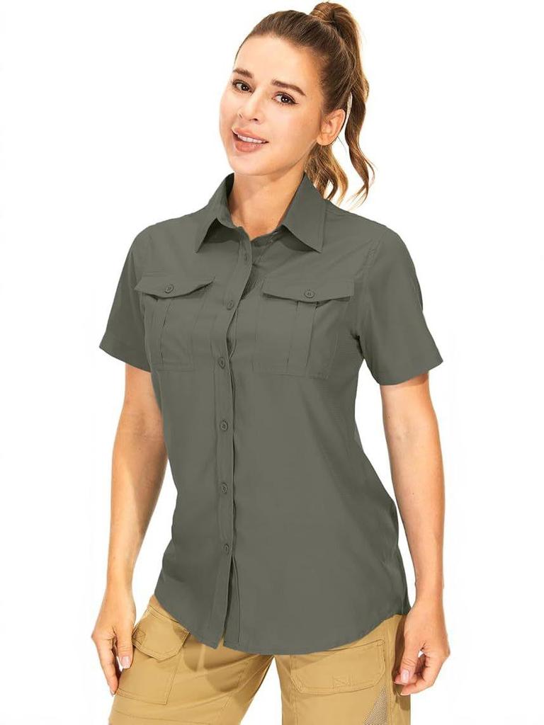Женская летняя рубашка 2026 с коротким рукавом, быстросохнущая - Однотонная, с нагрудным карманом, дышащая, повседневная, для активного отдыха, европейский и американский стиль