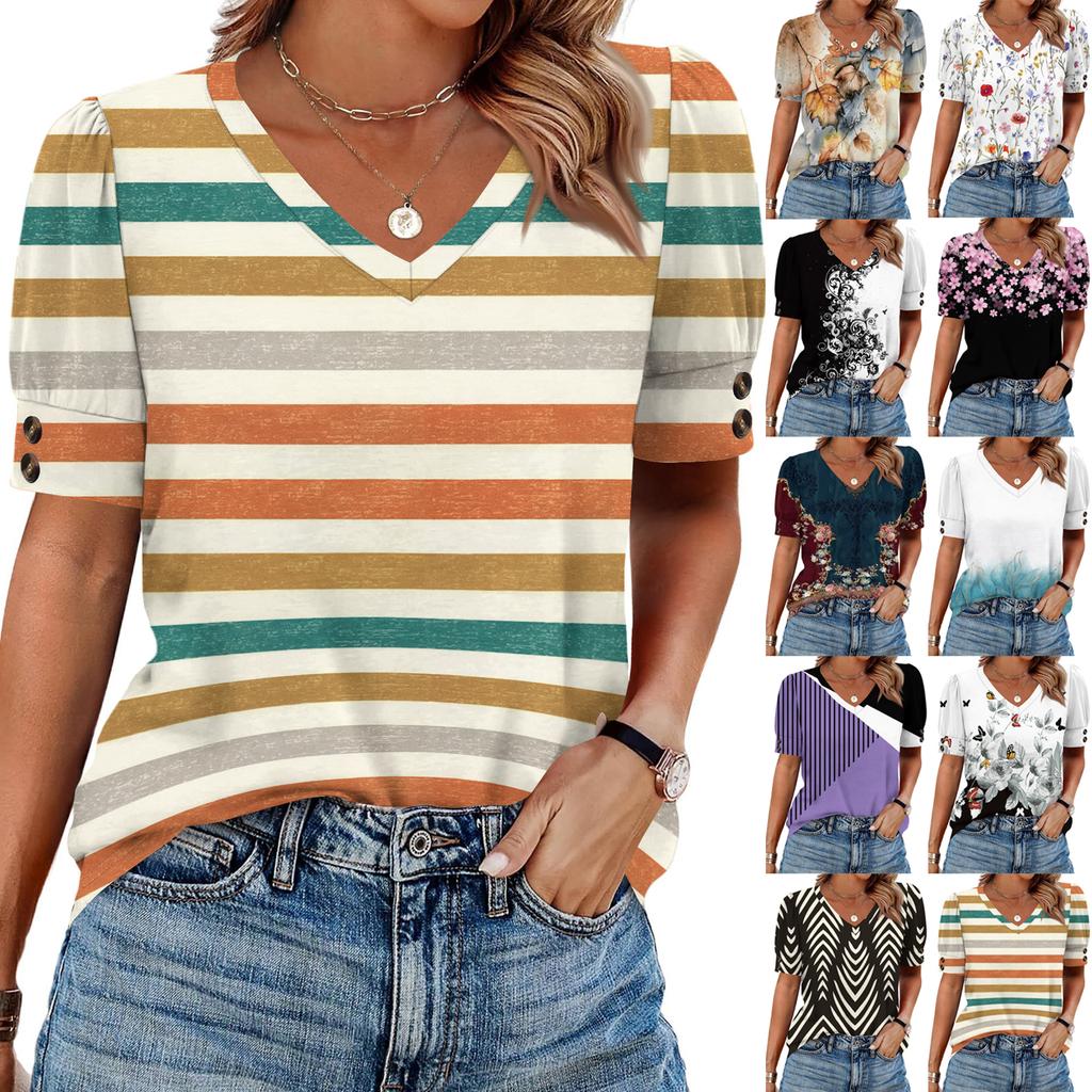 Женские топы с коротким рукавом, рубашки на пуговицах, V-образный вырез, модные наряды, блузки, повседневные