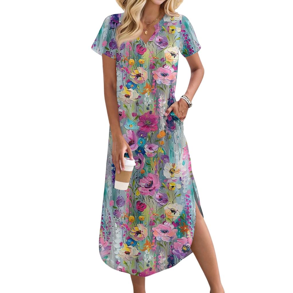 Women's Casual Comfortable V Neck Loose Hem Split Vacation Short Sleeve Floral Long Dresses