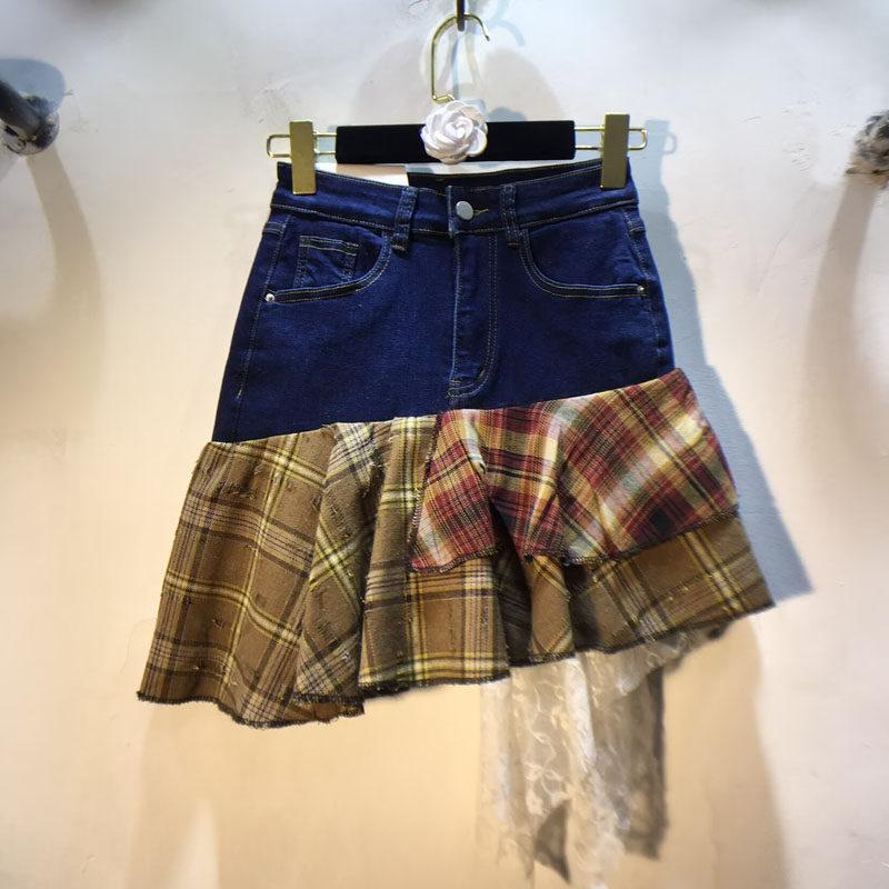 European Station Spring Clothing New Splicing Plaid Lace Skirt High Waist Elastic Denim Skirt Short Skirt