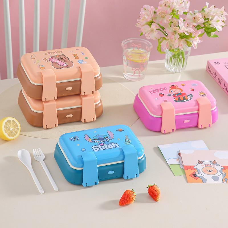 Kids Cartoon Double-Layer Bento Box Microwave-Safe Lunch Container With Utensils Portable Food Storage