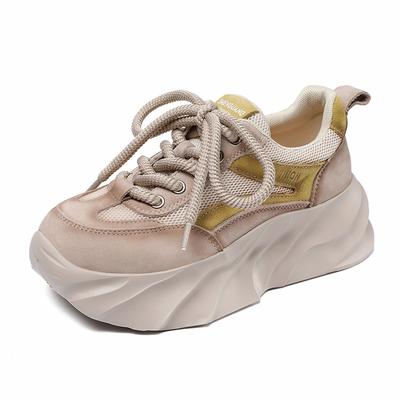 Модные женские кроссовки из натуральной кожи смешанных цветов 5,5 см, весенние повседневные, на шнуровке, из воздухопроницаемой сетки, на толстой подошве, клинья, в стиле колледжа, платформа