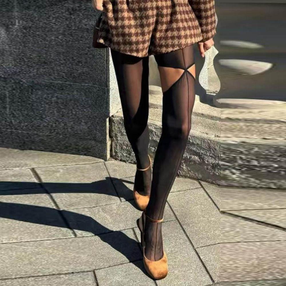 Y2K Asymmetry Pantyhose Women Transparent Hollow Out Leggings Perspective Stockings  Streetwear