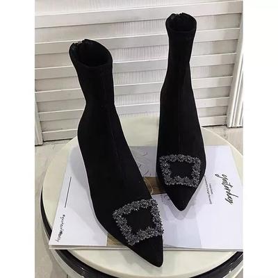 Черные ботинки женские осенне-зимние со стразами острый носок высокий каблук квадратная пряжка эластичные ботинки короткие ботинки низкий каблук тонкие ботинки