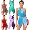 Womens Lyrical Dance Dress Rhinestone Color Block Mesh Design Ruched Twisted Knot Irregular Hem Leotard