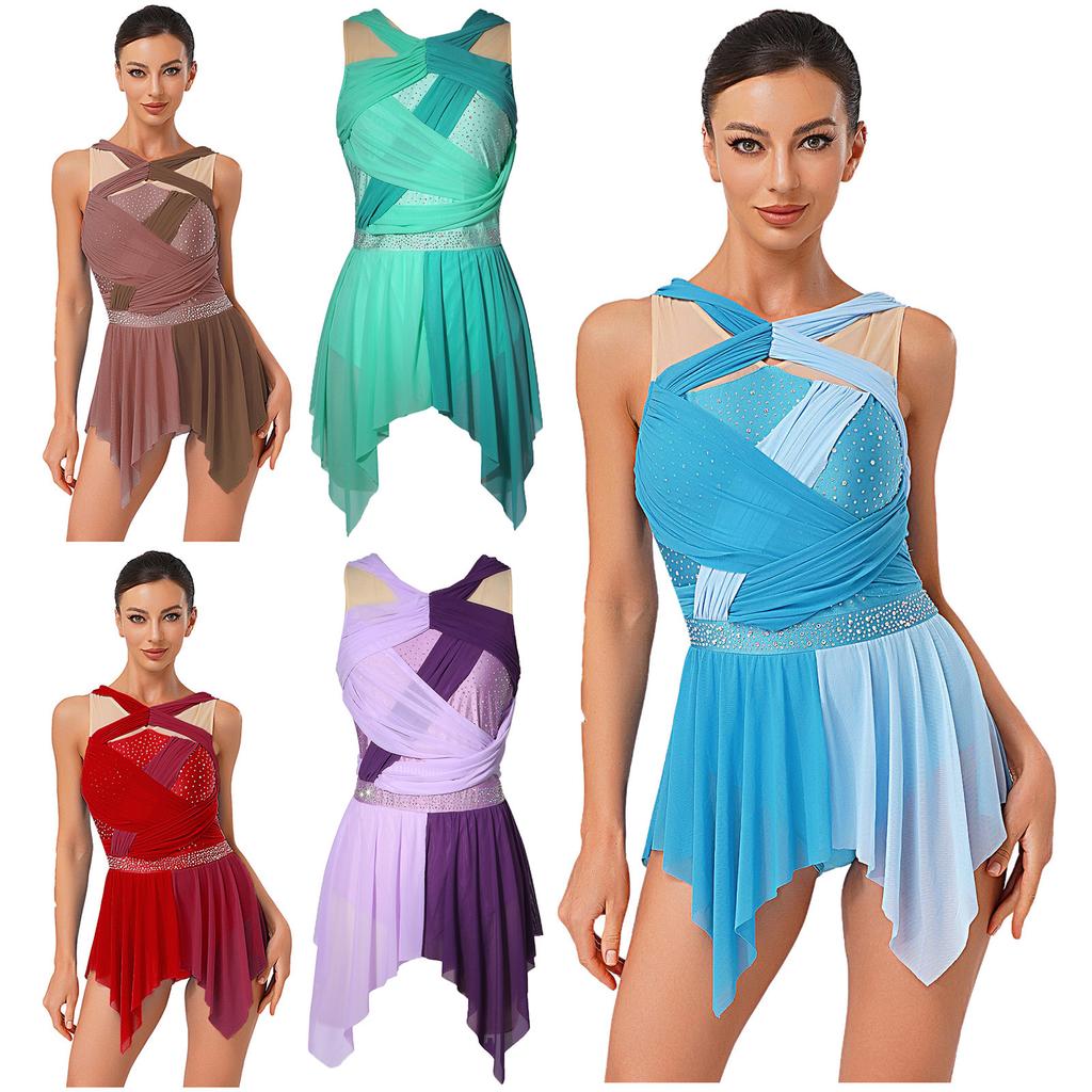 Womens Lyrical Dance Dress Rhinestone Color Block Mesh Design Ruched Twisted Knot Irregular Hem Leotard