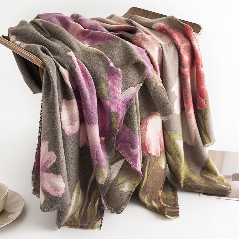 Women's Japanese Style Autumn Winter Hibiscus Print Faux Cashmere Shawl Scarf