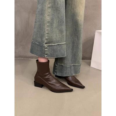 Женские ботильоны челси с острым носком в корейском стиле, осень/зима 2025, с бархатом, на высоком каблуке