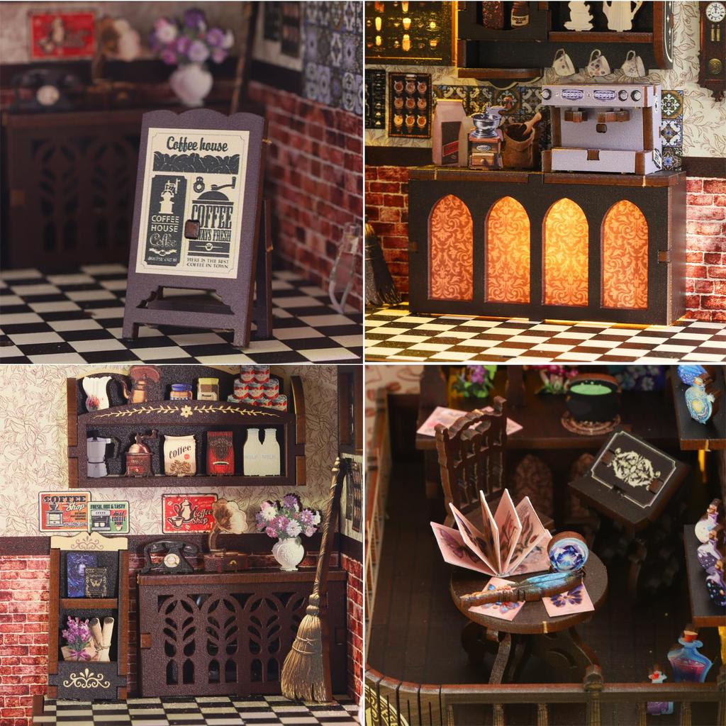 QmXCyzl Wooden DIY Dollhouse Kit with Miniature 3D Bookstand and Holiday Gift Building Scenario (Magic Coffee)