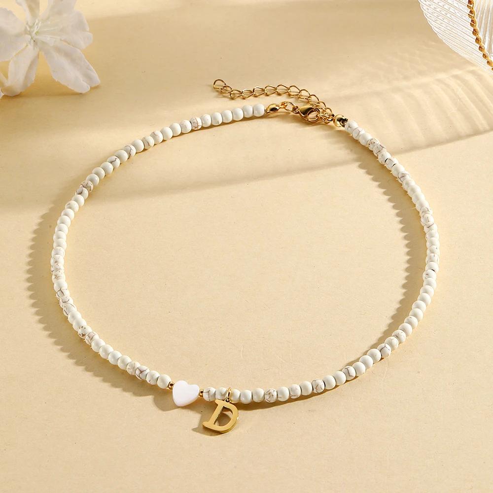 Bohemian Choker Neck Initial Necklaces Heart-shaped Shell Letter Pendant Beads Women's Stainless Steel Necklace Woman Trend2025
