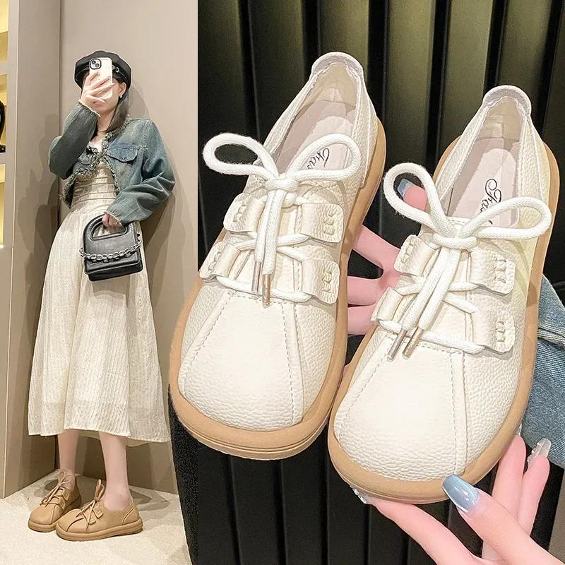 Женская обувь с круглым носком, ретро-лоферы со шнуровкой, осень 2024 г., новые удобные нескользящие туфли на плоской подошве с мягкой подошвой, женские туфли для колледжа