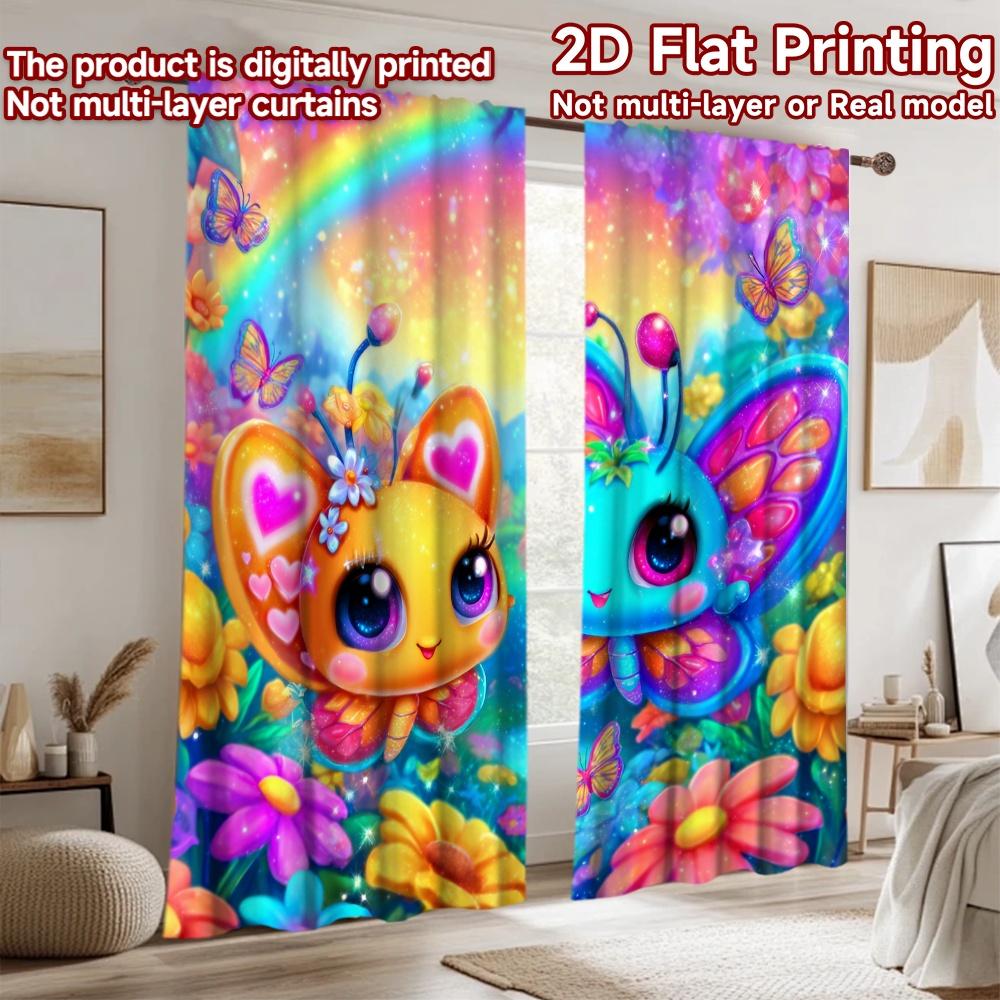2D flat printing 2pcs Scene Curtains Cute Butterfly Duo Rainbow Sky Digital Printed Polyester Drapes Festive Curtains for