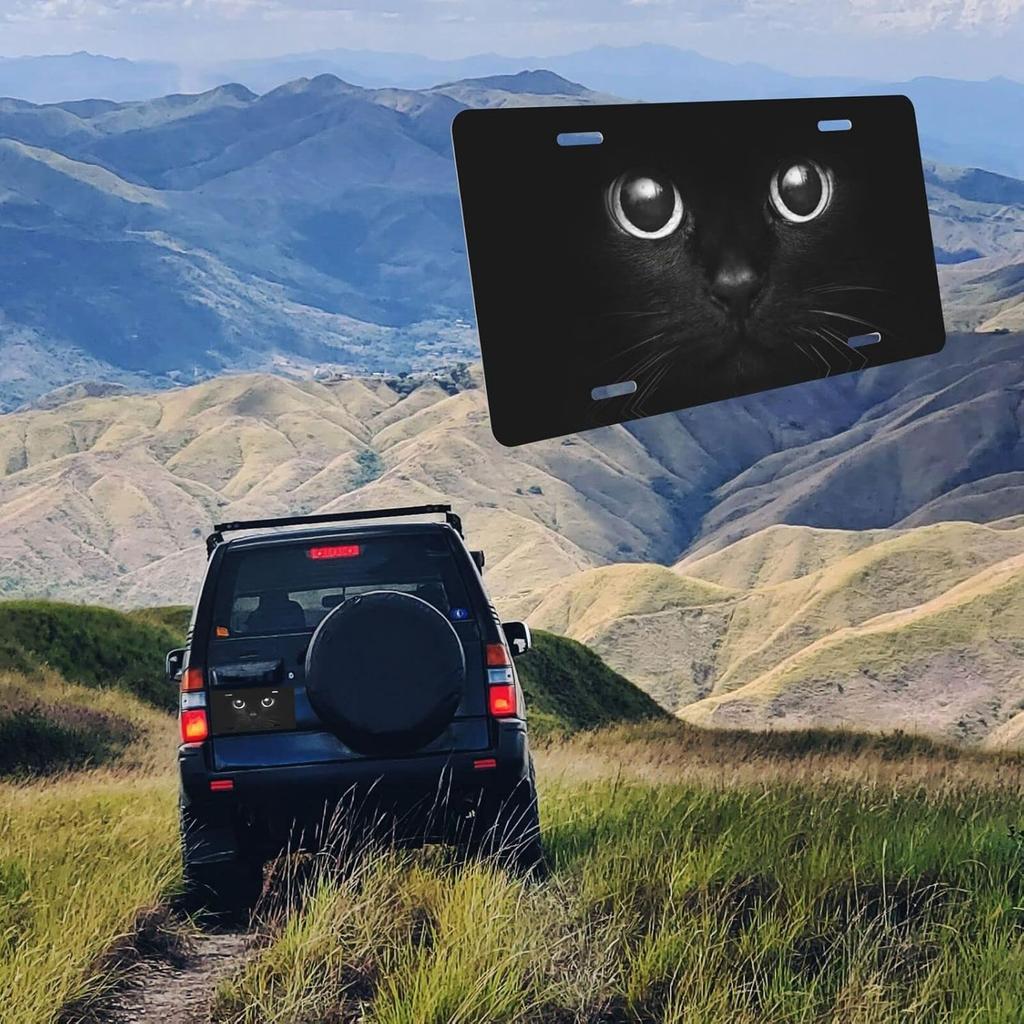 Black Cat Eyes Watching Front License Plate Aluminum Decorative License Plates Funny Metal Car Plate 6"X12" Novelty Vanity Tag Cover With 4 Holes Car