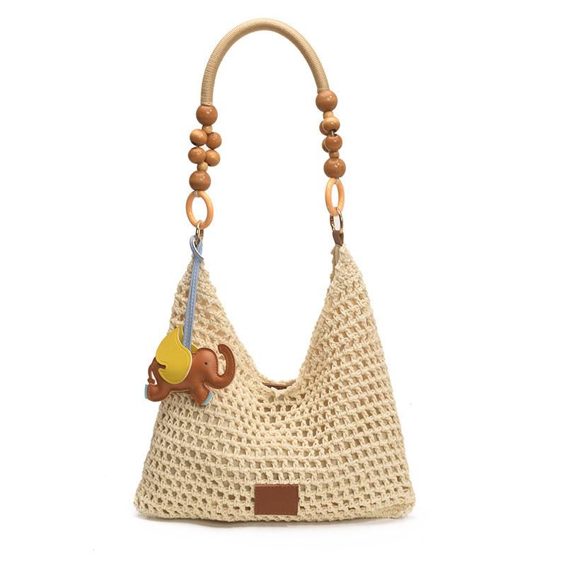 Womens Casual Hollow Woven Large Tote With Crochet Elements And Inner Pouch For Weekend Outings