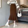 Юбки миди с высокой талией для женщин, весенние облегающие юбки-русалки с корейскими оборками и коричневыми юбками