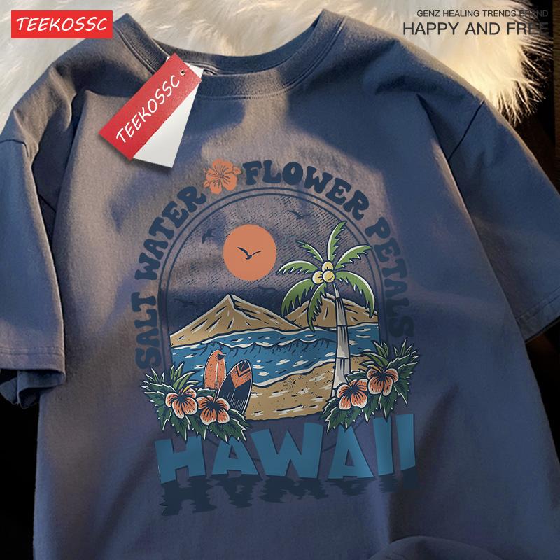 Лепестки цветов с соленой водой Гавайская одежда для мужчин и женщин Летняя футболка Harajuku с рисунком из хлопка Модные дышащие топы для пар