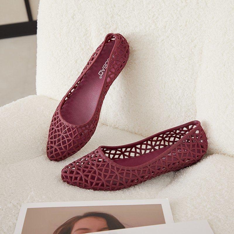 Летние женские пластиковые сандалии из желе с плоской подошвой, нескользящая рабочая обувь с полыми отверстиями, нескользящая пляжная обувь