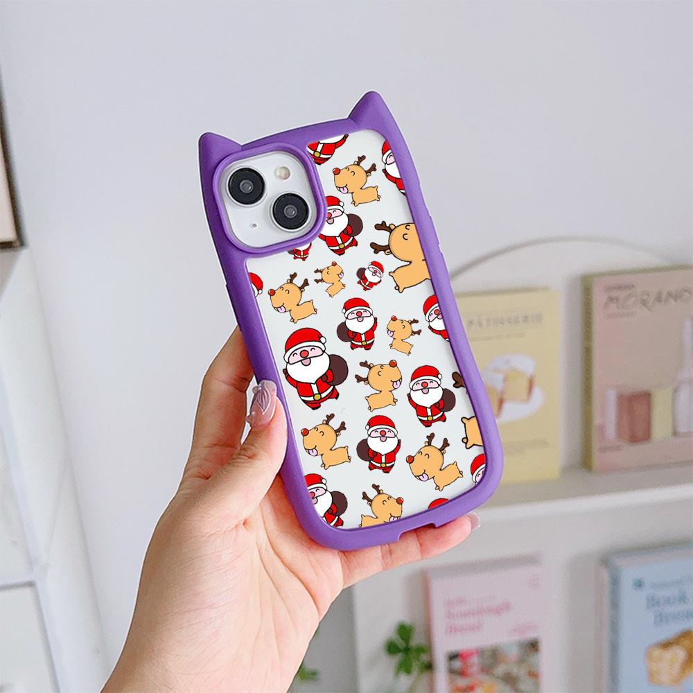 Мягкий чехол для телефона с кошачьими ушками для iPhone 16 15 14 13 12 11 Pro Max Plus XR X TPU Anti-Drop Прозрачная акриловая задняя крышка NY24 Новый год Счастливого Рождества арт
