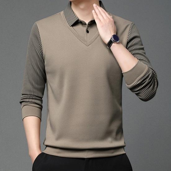 Мужская рубашка осень-весна с отложным воротником, имитация двухсекционного свитера в стиле пэчворк, большой размер, полосатая пуговица, формальный деловой стиль, мужской офисный топ