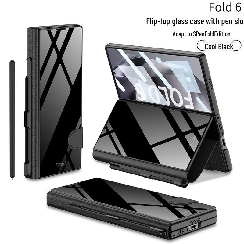 Кожаный чехол-книжка Samsung Z Fold 6 со слотом для стилуса и стеклянной крышкой – Стильный и деловой.