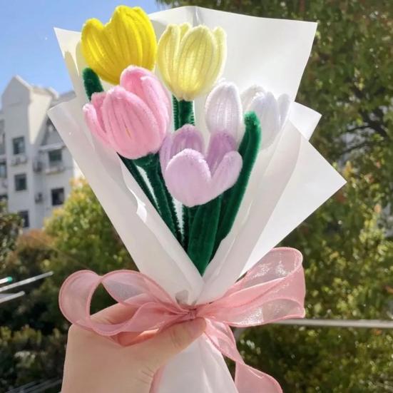 1 Set Pipe Wire Cleaners Crafts Flexible Bendable Stems Colorful Chenille Bouquet DIY Tulip Making Kit
