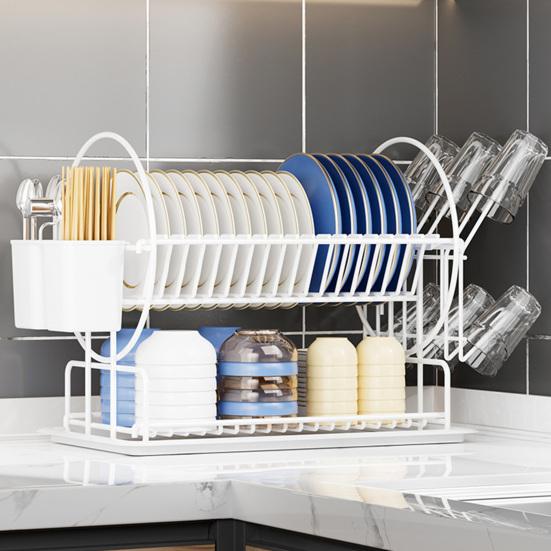 Стеллаж для сушки посуды из нержавеющей стали, двухъярусная кухонная стойка для хранения с антикоррозийным покрытием, большой держатель для посуды, система слива, хранение тарелок и чашек