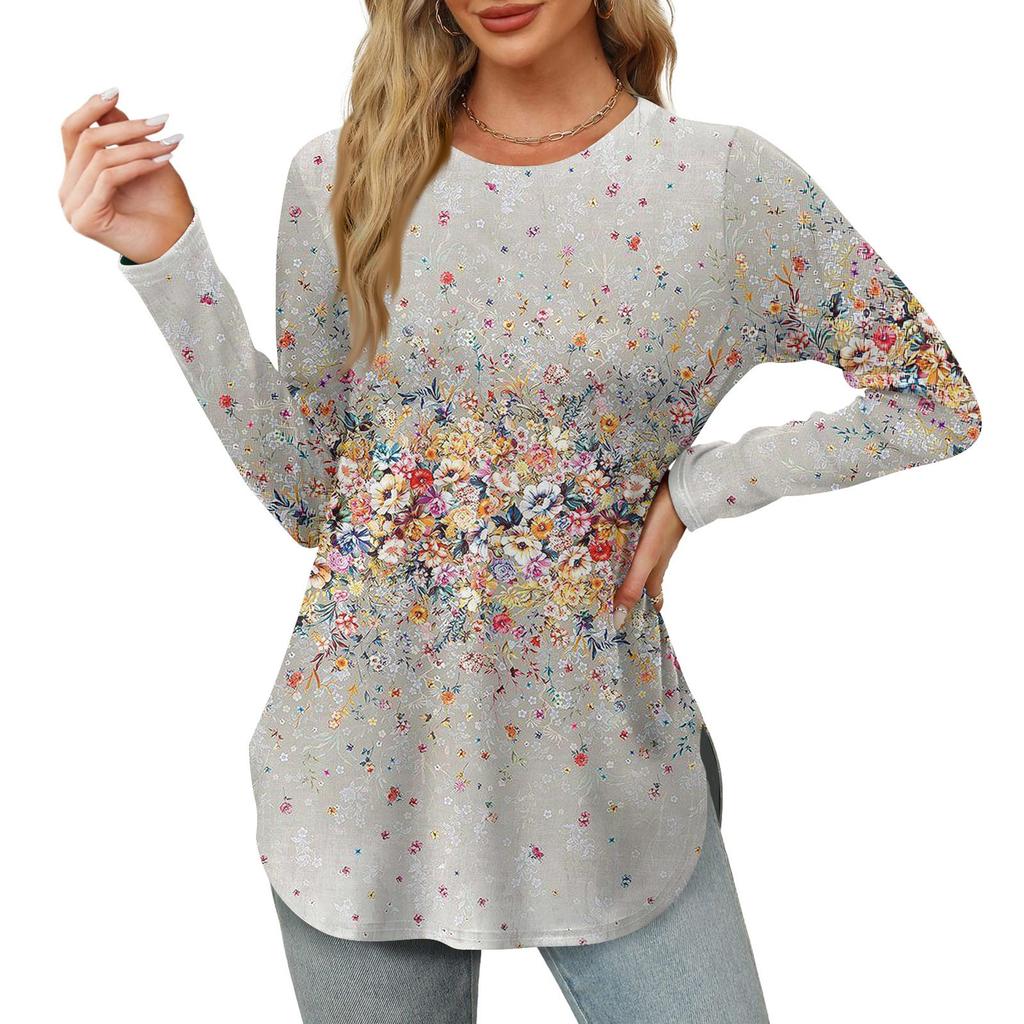 Женские рубашки с длинным рукавом и круглым вырезом, базовые свободные туники с боковым разрезом, повседневные рубашки с цветочным принтом