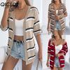 Spring Summer Casual Striped Cutout Mid-sleeved Knitted Sweater Vacation Cardigan Women's Wear
