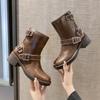 Fashion Luxury Real Leather Mid Calf Chelsea Boots Women High Quality Chunky Heel Platform Short Boots Fashion Cowboy Knight Boots Woman