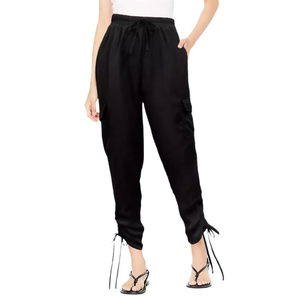 Big Pocket Elastic Waist Sole Strap Tie Pants Commuter Casual Nine-Point Pants Women's Clothing with Pocket Trousers Tether