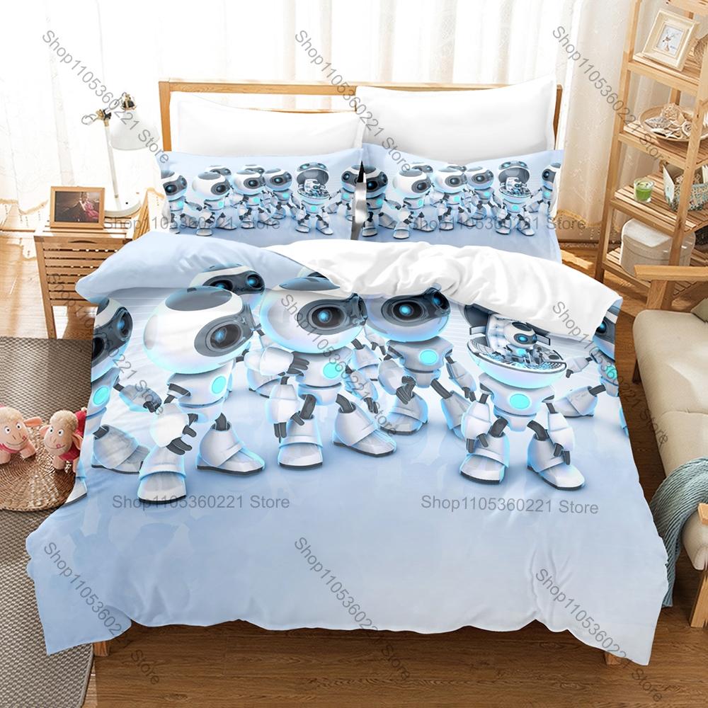 Sci Fi Robot 3PCS Bedding Set, Duvet Cover + 2 Pillowcases, Futuristic Mechanical Robot Print Soft Microfiber Bedroom Decor