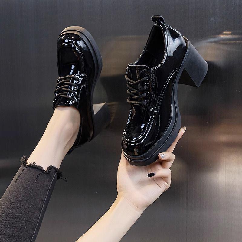 Британские кожаные туфли женские новые осенние модные универсальные туфли-лодочки на толстом каблуке из лакированной кожи водонепроницаемые туфли на платформе высокие каблуки абрикосового цвета