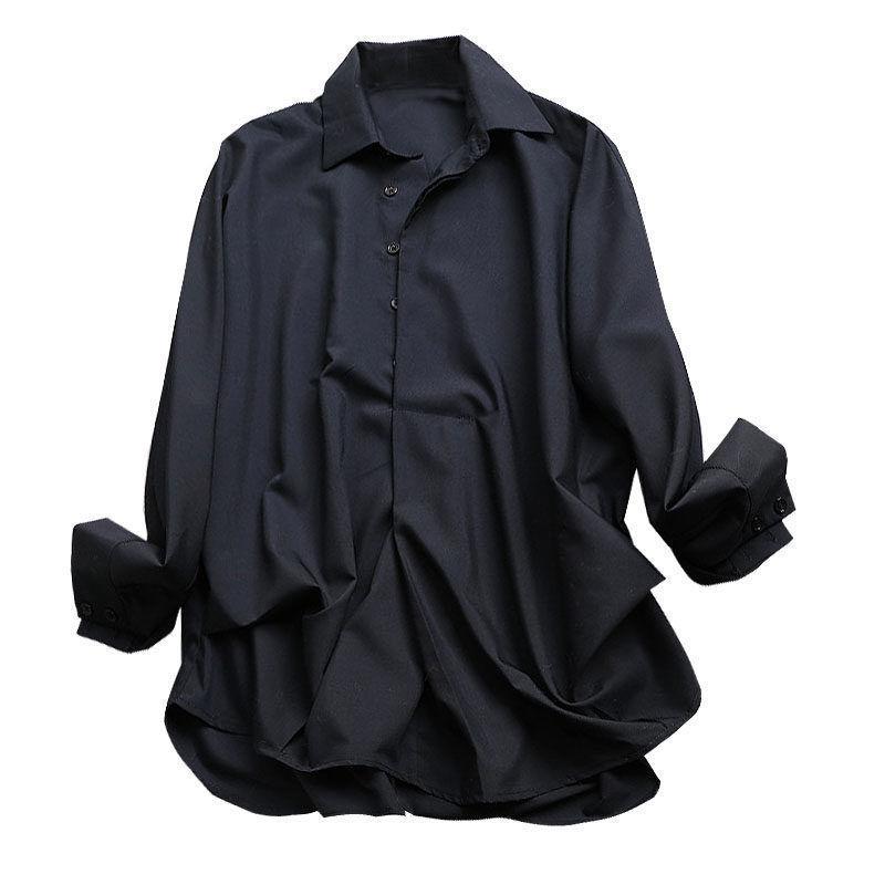 Spring Summer Loose Commute Solid Color Shirt Women's Clothing Fashion Single-breasted Korean Polo-Neck Long Sleeve Midi Blouse