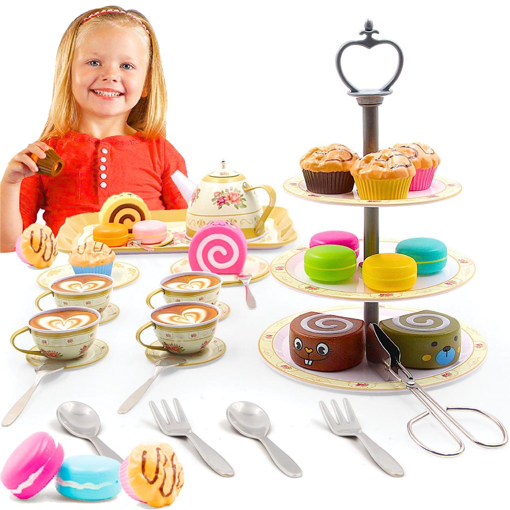 Kids Play Food Set, 3-Tier Dessert Stand Cupcakes Macarons, 44PCS Assorted Colors, Afternoon Tea Role Play Toy