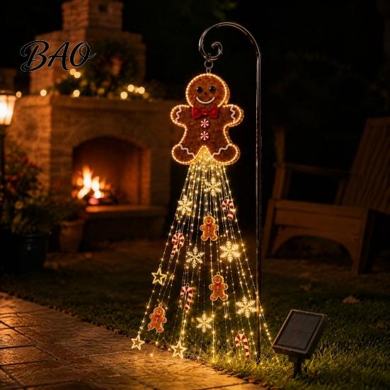 Christmas Decorations for Garden Beds Gingerbread Solar Light, Waterproof Outdoor Yard Light with Warm Metal Decor Waterfall LED, Pathway Stake
