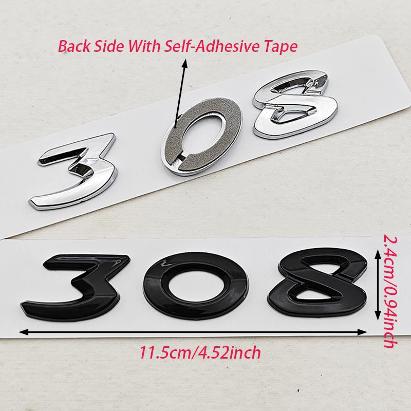 New 3D ABS Chrome Black Car Letters Logo 308 Emblem Sticker Rear Trunk Badge For Peugeot 308 SW GT Line GTI T9 T7 P5 Accessories