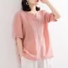 Cotton and Linen Embroidered Shirt V-neck Solid Color Women's Artistic Loose Fitting Pullover Short Embroidery Cuffs Buttons Large Size Summer
