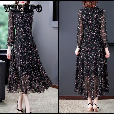 Летнее женское платье больших размеров с цветочным принтом, шифоновое платье с длинными рукавами, тонкая повседневная длинная юбка для похудения