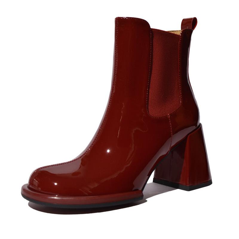 2024 новые лакированные кожаные толстые каблуки короткие женские бархатные красные туфли на высоком каблуке свадебные туфли на осень и зиму