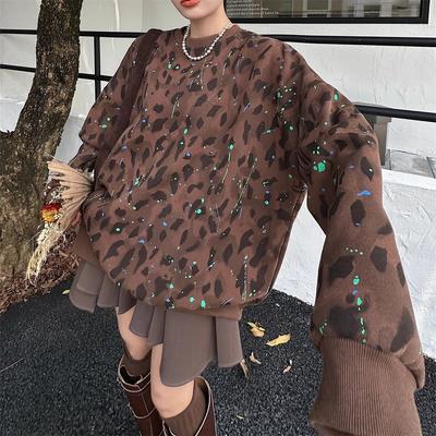 Женские топы больших размеров на осень с леопардовым принтом, оверсайз, с длинным рукавом, худи с круглым вырезом, свободные толстовки