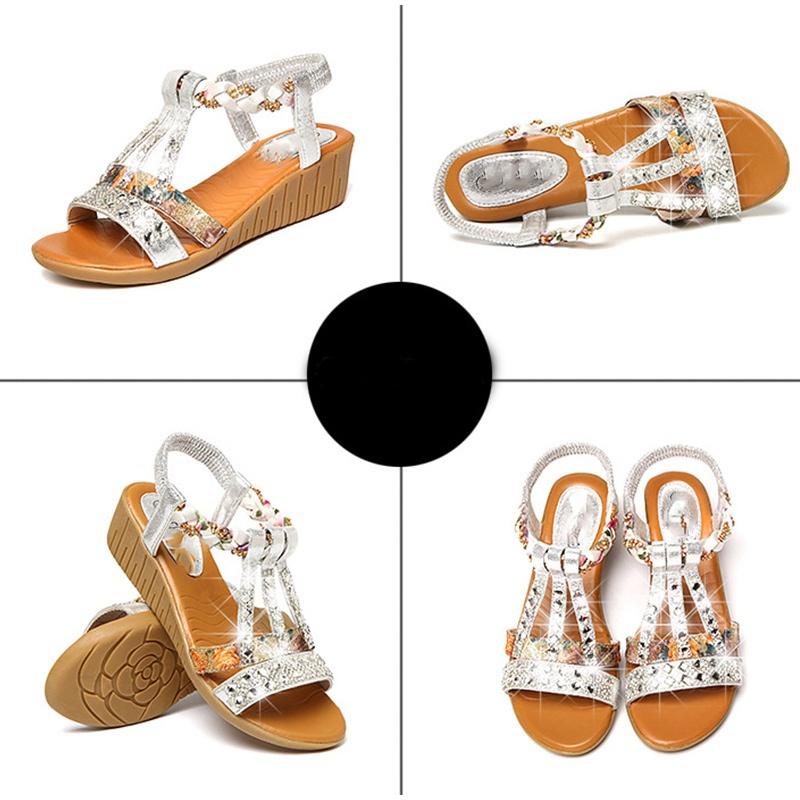 Женские сандалии, летние туфли на танкетке в богемном стиле, гладиаторы с кристаллами, римская женская пляжная обувь