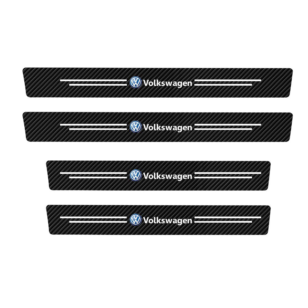4PCS Car Door Sill Protector Plate PU Leather Carbon Fiber Threshold Anti-Scratch Bumper Valve Cap for VW Rline Golf 6 Beetle CC